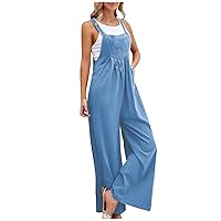 Jumpsuits for Women Fashion Casual Loose Sleeveless Vest Square Neck Pleated Wide Leg One-Piece Belt with Pocket