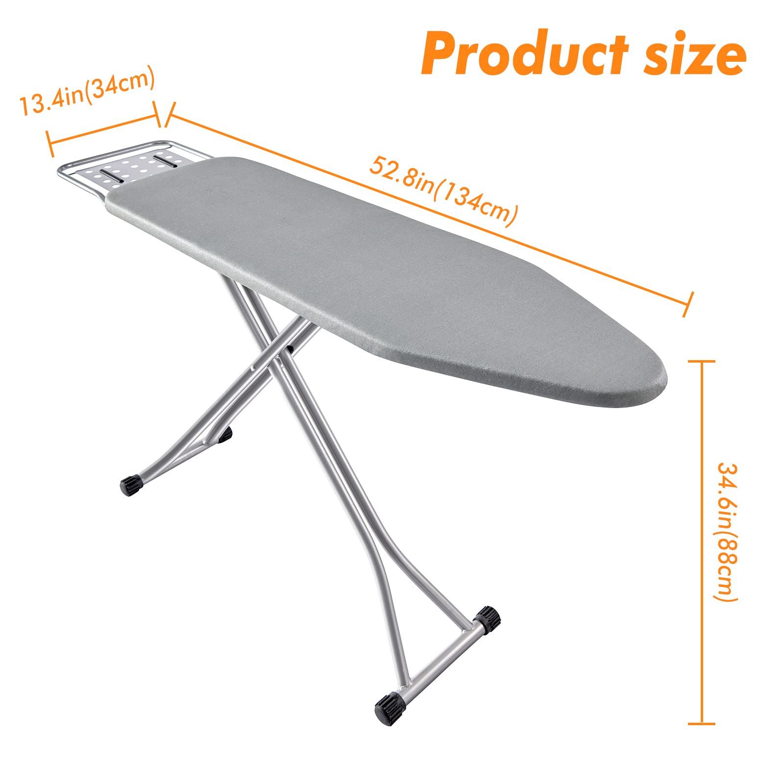 BKTD Ironing Board, Heat Resistant Cover Iron Board with Steam Iron Rest, Non-Slip Foldable Ironing Stand. Heavy Sturdy Metal Frame Legs Iron Stand(13 * 34 * 53 Inches) Silver Gray Color