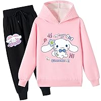 Kids Cinnamoroll Graphic Hooded Sweatshirts and Sweatpants Set,Casual Long Sleeve Hoodie Brushed Tracksuit for Girls