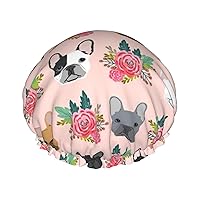 French Bulldog And flowers Print Soft Shower Cap for Women, Reusable Environmental Protection Hair Bath Caps