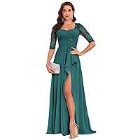 Lace Chiffon Mother of The Bride Dresses for Wedding Long Ruffle Half Sleeve Formal Evening Dress with Slit