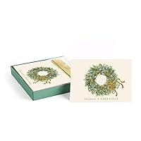 Masterpiece Wreath With Berries Christmas Cards / 16 Boxed Seasons Greetings Holiday Card Set With Coordinating Gold Foil Lined Envelopes / 5 5/8
