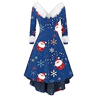 Women's Christmas Dress Plush Collar V-Neck Long Sleeve Casual Fit Print Party Dress Fall Dresses 2023, S-5XL