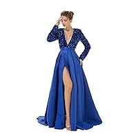Keting Shiny V Neck Sequins Satin High Split Prom Shower Party Evening Dress Celebrity Pageant Bridesmaid Gown