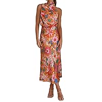 Womens Sexy Sleeveless Turtleneck Asymmetric Floral Printed Bodycon Party Clubwear Dress