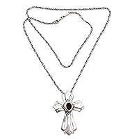 NOVICA Handmade Garnet Necklace .925 Sterling Silver Red Pendant Indonesia Cross Birthstone 'Blossom Cross'
