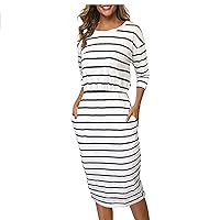 Womens Fall Fashion Dress Casual Crewneck 3/4 Sleeve Stripe Elastic Waist Bodycon Midi Dresses Slim Fit Pencil Dress
