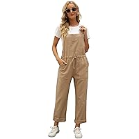 Kissonic Baggy Overalls for Women, Loose Fit Cotton Jumpsuits Adjustable Strap Linen Rompers(Khaki-L)