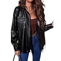 Women's Tops Shirts for Women Sexy Tops for Women Flap Pocket Drop Shoulder Leather Shirt Shirts for Women (Color : Black, Size : X-Large)