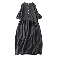 Summer Fashion Cotton Linen Shirt Dresses Women Short Sleeve Button Down High Waist Slim Long Dress Casual Maxi Dress