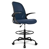 Primy Drafting Chair Tall Office Chair with Flip-up Armrests Executive Ergonomic Computer Standing Desk Chair with Lumbar Support and Adjustable Footrest Ring（Navy）