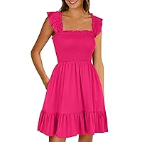 Sundresses for Women 2024, Summer Dress Casual Sleeveless Square Neck Smocked Ruffle Backless Boho, S, XL