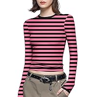Women's Fashion Striped Printed Long Sleeve Round Neck T-Shirt Basic Slim Fit Sexy Pullover Tops Stretchy Base Tees