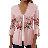 Cardigan for Women Dressy Summer Floral Print 3/4 Sleeve Lightweight Cardigans Loose Outwear Casual Blouse Tops