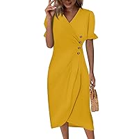 Womens Dresses Spring V Neck Dress Short Sleeve Dresses Black Knee Length Dress Plus Summer Casual Dress Plus Size Wrap Dresses for Women(2-Yellow,Small)