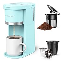 Famiworths Mini Coffee Maker Single Serve, Instant One Cup for K Cup & Ground Coffee, 6 to 12 Oz Brew Sizes, Capsule Coffee Machine with Water Window and Descaling Reminder, Teal Green