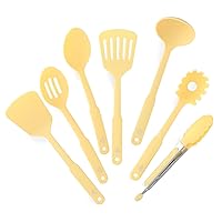 GreenLife Cooking Tools and Utensils, 7 Piece Nylon Set including Spatulas Turner Spoons and Tongs, Dishwasher Safe, Light Yellow