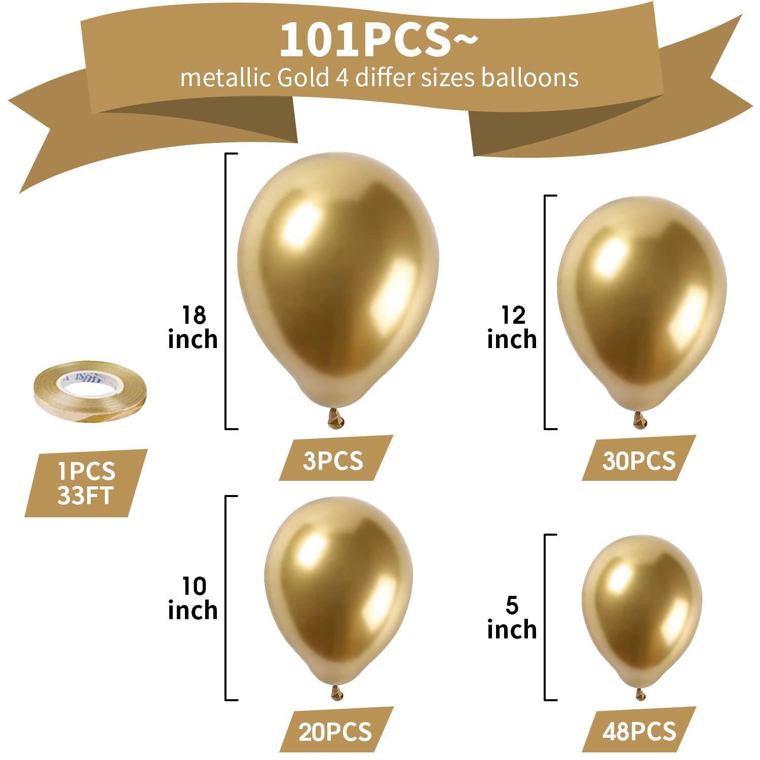 Gold Metallic Chrome Balloon Arch Kit, 101PCS 18In 12In 10In 5In Gold Latex Garland Arch Kit for Birthday Party Graduation Baby Shower Wedding Holiday Balloon Decoration