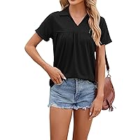 Women's Blouses Dressy Casual Solid Colour V-Neck Loose Short Sleeve T Shirt Casual Pleated Blouses Casual, S-2XL