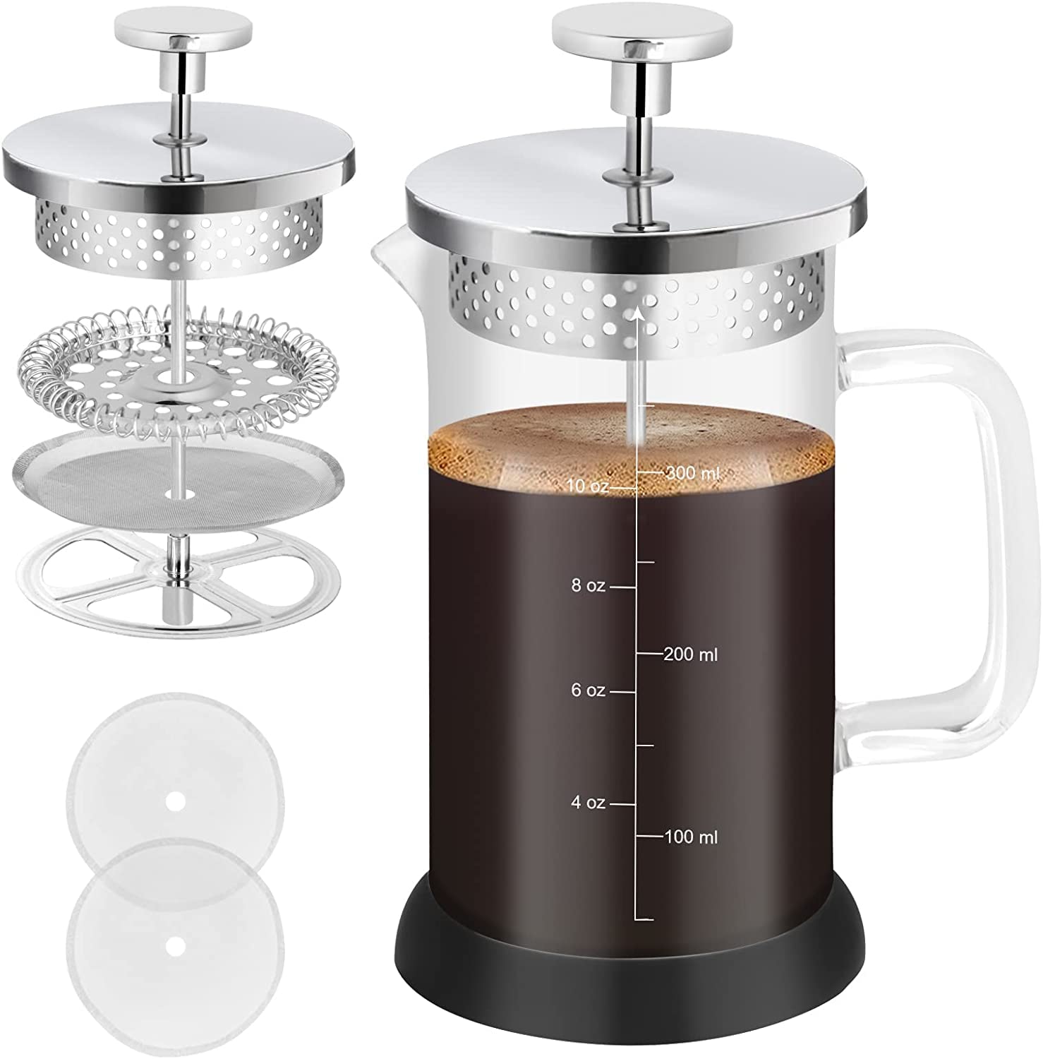 Nukeekee French Press Coffee Maker,304 Stainless Steel Borosilicate Glass Coffee Press,Non-slip Silicone Base,12 oz /350 ml Small French Press,with 2 Extra Screens,Clear and Silver (Concise Style).