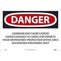 NMC D28RB National Marker Danger Cadmium May Cause Cancer Sign, Causes Damage to Lungs and Kidneys Wear Respiratory Protection 10 Inches x 14 Inches, Rigid Plastic