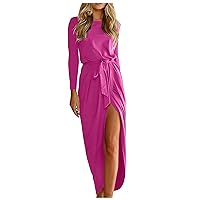 Elegant Formal Maxi Dress for Women Fall Winter Long Sleeve Ruched Party Dress Trendy Plus Size Sexy Slit Long Dress