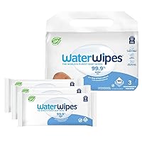 WaterWipes Plastic-Free Original 99.9% Water Based Wipes, Unscented & Hypoallergenic for Sensitive Skin, 180 Count (3 packs), Packaging May Vary