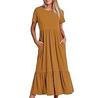 Summer Flowy Tiered Midi Dresses Women Casual Short Sleeve Ruffle Hem Dress with Pockets Solid Crewneck A-Line Dress