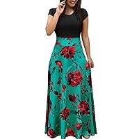 Women's Floral Print Maxi Dress Polka dot Striped Color Block Short Sleeve high Waisted Casual Loose Tunic Long Dress