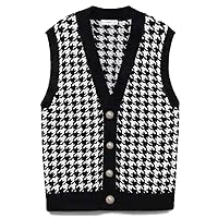 PEHMEA Women's Knit Sweater Vest Casual V-Neck Argyle Preppy Style Sleeveless Sweater Tops