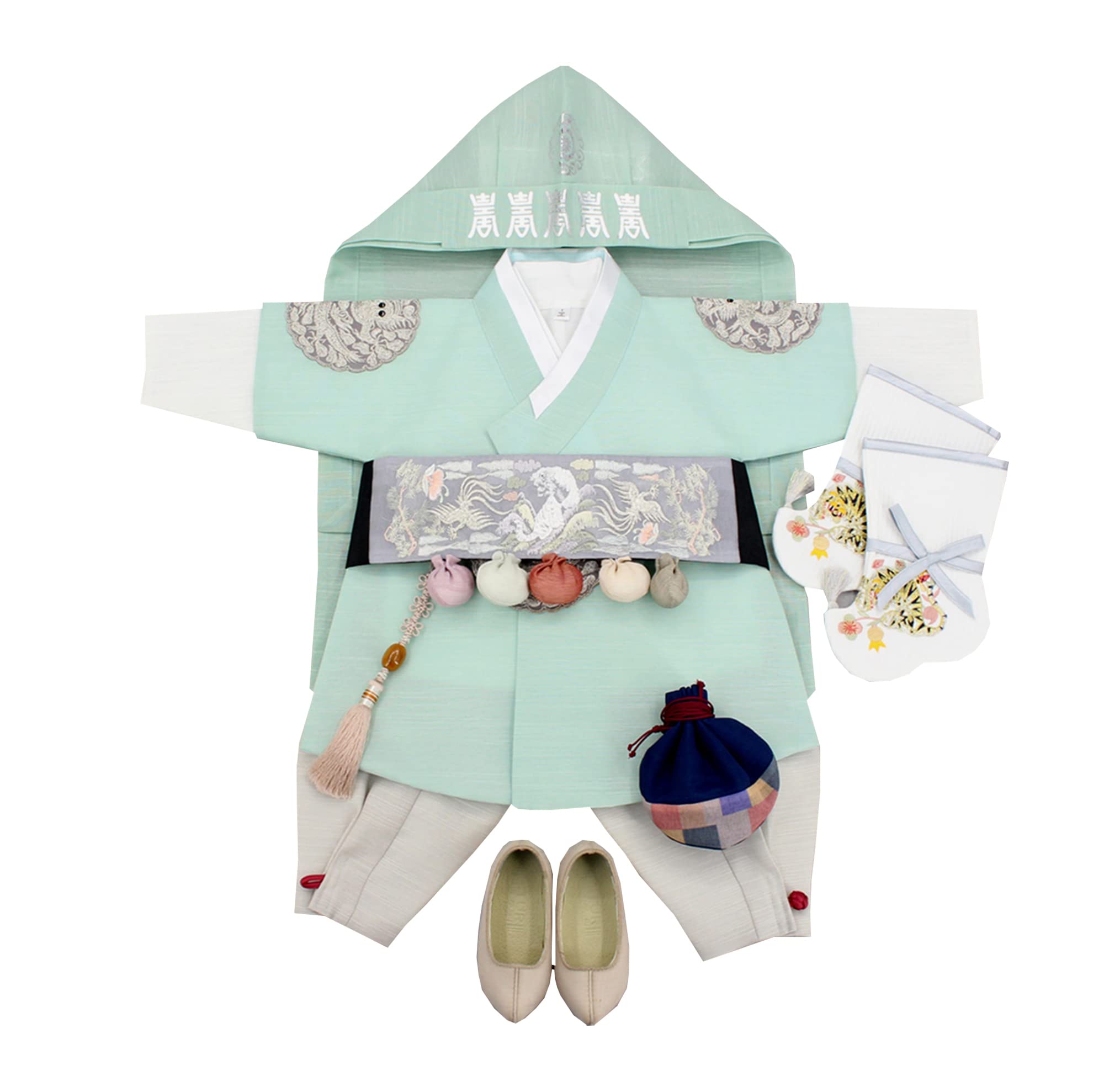 Korean Hanbok Boy Baby Traditional Kings Design Clothing Set Mint 100th days to 8 ages ddb002