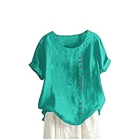 UOFOCO 2024 Summer Clothes for Women Cotton Linen Summer Womens Tops Tees Blouses Plus Size Casual Lightweight T Shirts 2024 Trendy Lady Shirts (S-5Xl) Dark Green 4X-Large