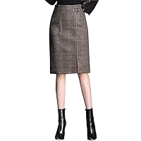 Women's High Waisted Wool Blend Plaid Checked Front Slit Straight A-line Midi Tartan Skirts