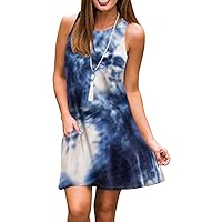 EFOFEI Womens Floral Printed Sleeveless Casual Swing Loose Mini Tank Dress with Pockets