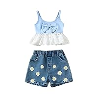 Kids Toddler Baby Girls Spring SummerBow Tie Suspender Daisy Print Denim Shorts Outfits Clothes Kids