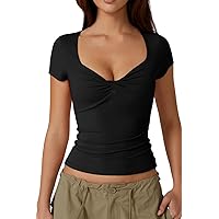 QINSEN Women's Sexy Twist Front V Neck T Shirts Double Lined Short Sleeve Slim Fit Crop Top Trendy Y2K Tops Tee