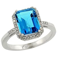 10K White Gold Diamond Natural Swiss Blue Topaz Ring Emerald-cut 9x7mm, sizes 5-10