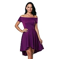 Purple Women Off Shoulder Sleeve High Low Skater Dress