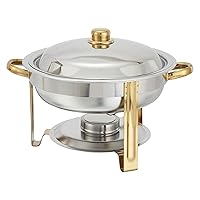 Winco Winware 4 Quart Round Stainless Steel Gold Accented Chafer, Silver