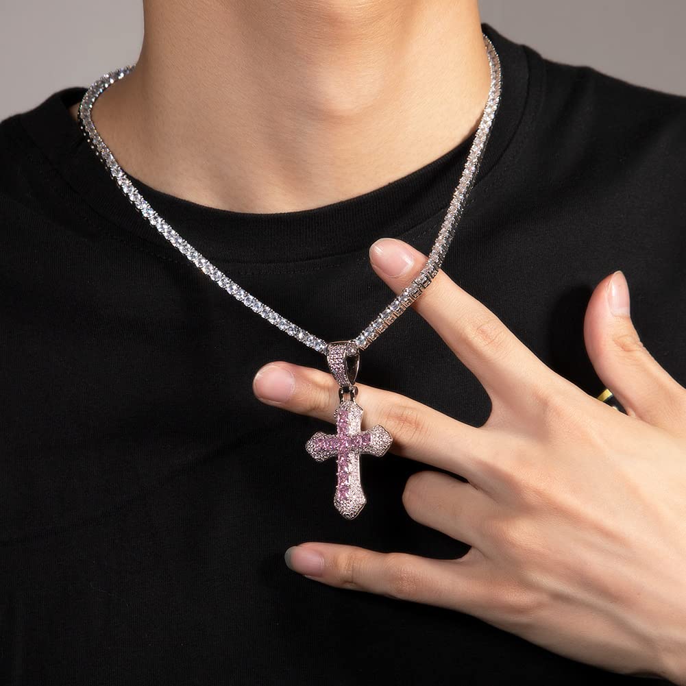 Hip Hop Jewelry Cross Pendant Necklace Gold Filled Colorful CZ Zricon Bling Necklace with Stainless Chain Rapper Accessories Gift