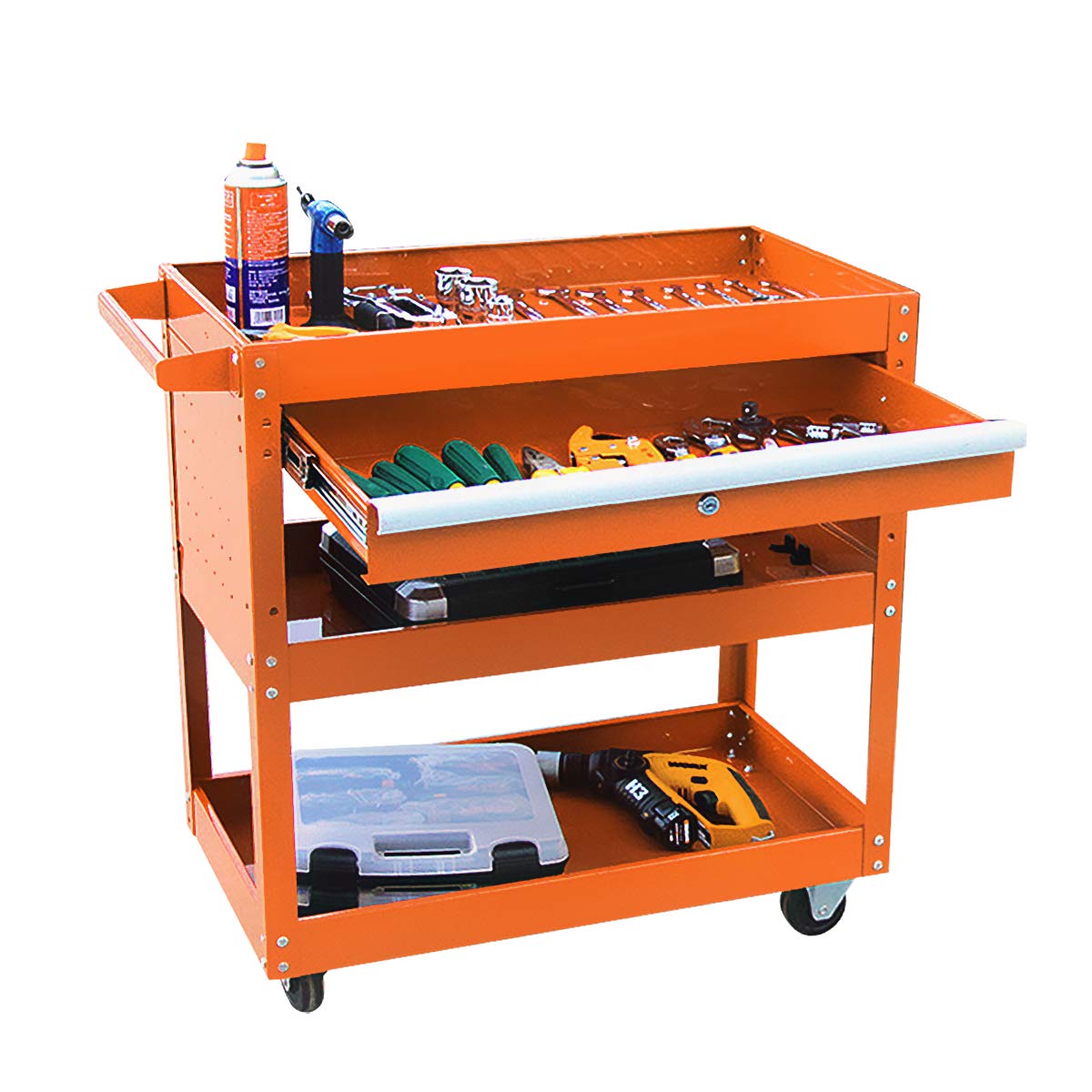 3 Tier Utility Rolling Tool Cart 330 Lbs Capacity Tool Cart with Drawer and Lock, Industrial Service Tool Cart on Wheels for Mechanics, Mobile Tool...