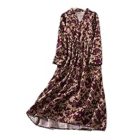 Spring Autumn Vintage Print Dresses for Women Cotton Linen Long Casual Loose Purple Dress Ladies Dresses
