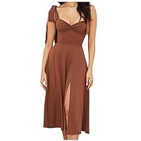 2023 Womens Sexy Solid Sleeveless V Neck Knotted High Slit Slip Party Cocktail Dressy Mini Dress