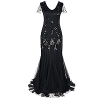 Women's Long Sleeve Dress Fashion Vintage Sequins Gowns Dresses Mesh Vest Banquet Black, S-2XL