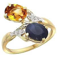 14k Yellow Gold Citrine & Blue Sapphire 2-stone Mother's Ring Oval 8x6mm Diamond Accents, 3/4 inch wide, sizes 5 - 10
