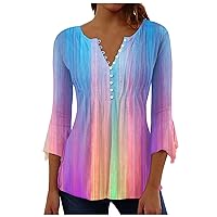 Button Down Neck Tops for Women Henely V Neck Plus Sized Printed Blouse Fashion 3/4 Sleeve Pleated Baggy T Shirts