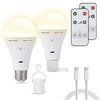 Battery Operated Light Bulb, 2200mAh Rechargeable Light Bulbs with Remote, Lasts for 18 Hours, 7W high Brightness, Wireless Light Bulbs for Lamps, LED Light Bulbs 3000K/2 Pack