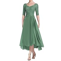 Tea Length Mother of The Bride Dresses with Sleeves Laces Appliques Ruched Chiffon Formal Evening Gowns