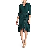 Kiyonna Whimsy Ruffled Midi Wrap Dress with Sleeves | Wrap Around Style with Ruffles | Cocktail, Party, Wedding Guest or Work | Hunter Green Size S (2-4)