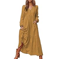 Casual Dress for Women Cotton Linen V Neck Long Sleeve Button Down Pleated Flowy Maxi Dress Vacation Dresses